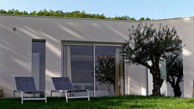 la façade sud du gite la cubane en région occitanie, vue de la chambre du rez de chaussée, deux transat devant, un olivier qui se reflète dans la baie vitrée