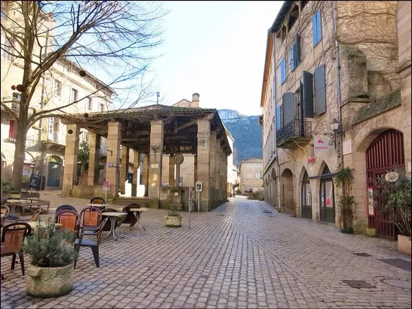 place de la halle à saint antonin noble val, village médiéval d'occitanie ; on voit les maisons en pierre, certaines d'architecture gothique encadrant la place et au centre de celle-ci la halle, sobre, massive et élégante à la fois ; tout devant, la terrasse d'un café